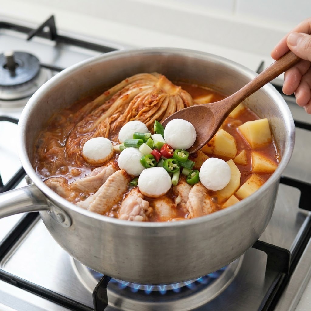 옹심이와 야채 넣고 조려 완성하기, 옹심이 묵은지 닭볶음탕 만들기 5단계