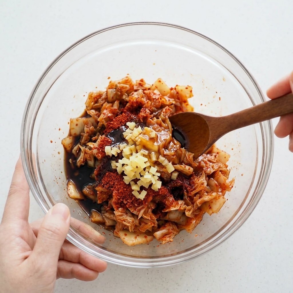 송송 썬 김치에 양념 버무리기, 짠무 묵은지 묵사발 만들기 3단계