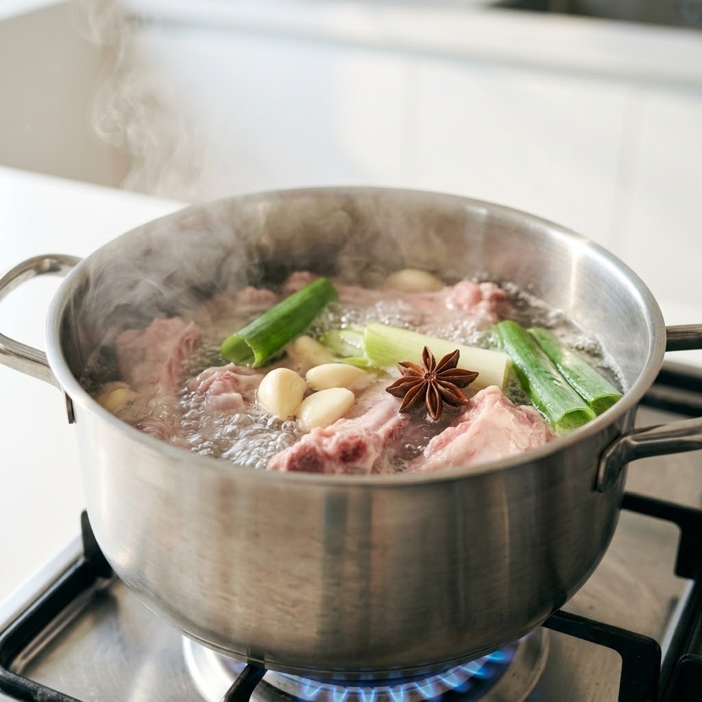 향신채 넣고 팔팔 끓이기, 돈족탕 만들기 2단계