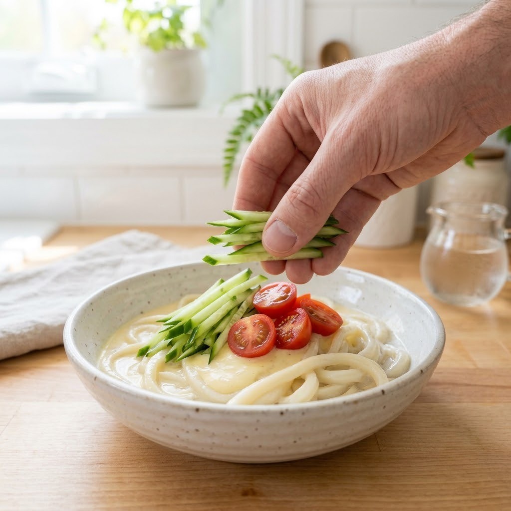 오이 토마토 고명 올리기, 콩없는 콩국수 완성 단계