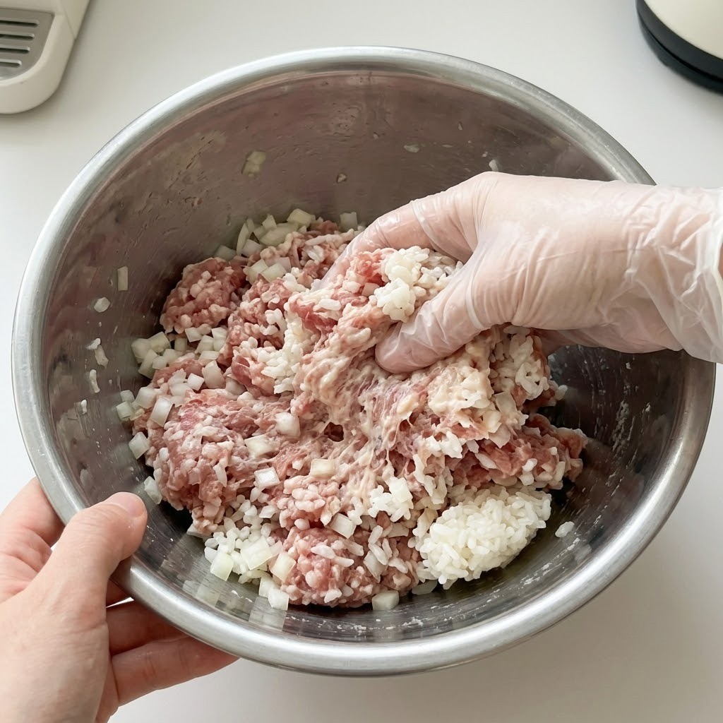 돼지고기와 찹쌀밥 치대기, 찹쌀가스 반죽 만들기
