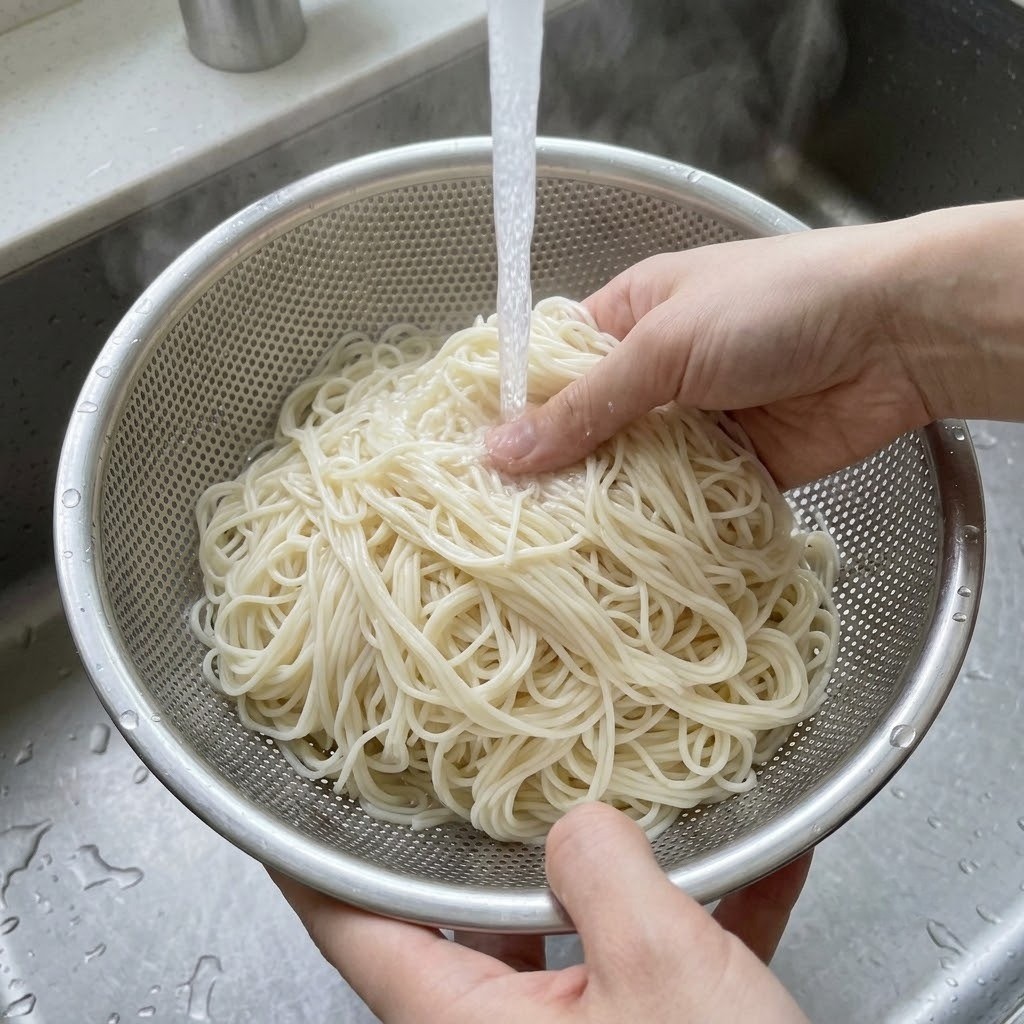 중면 삶아 찬물에 헹구기, 육전 참간초 비빔면 만들기 3단계