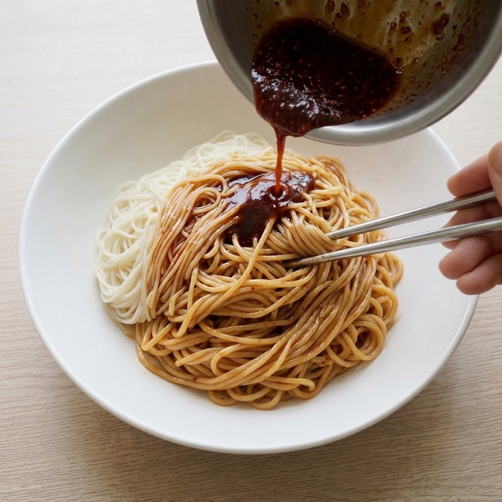 삶은 면에 참간초소스 비비기, 육전 참간초 비빔면 만들기 4단계