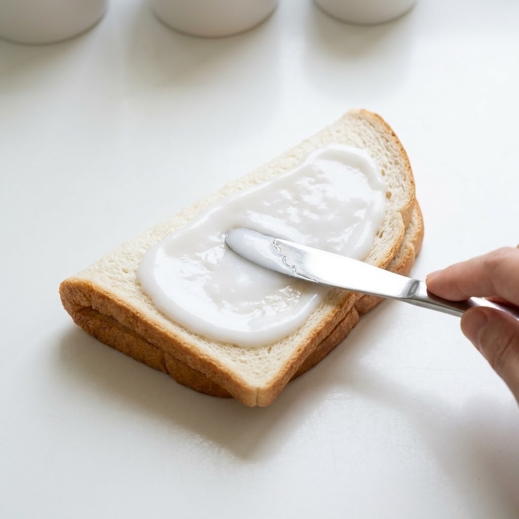 식빵 표면에 슈가파우더 시럽 고루 바르기, 눈에 띄는 애 조리과정 2단계
