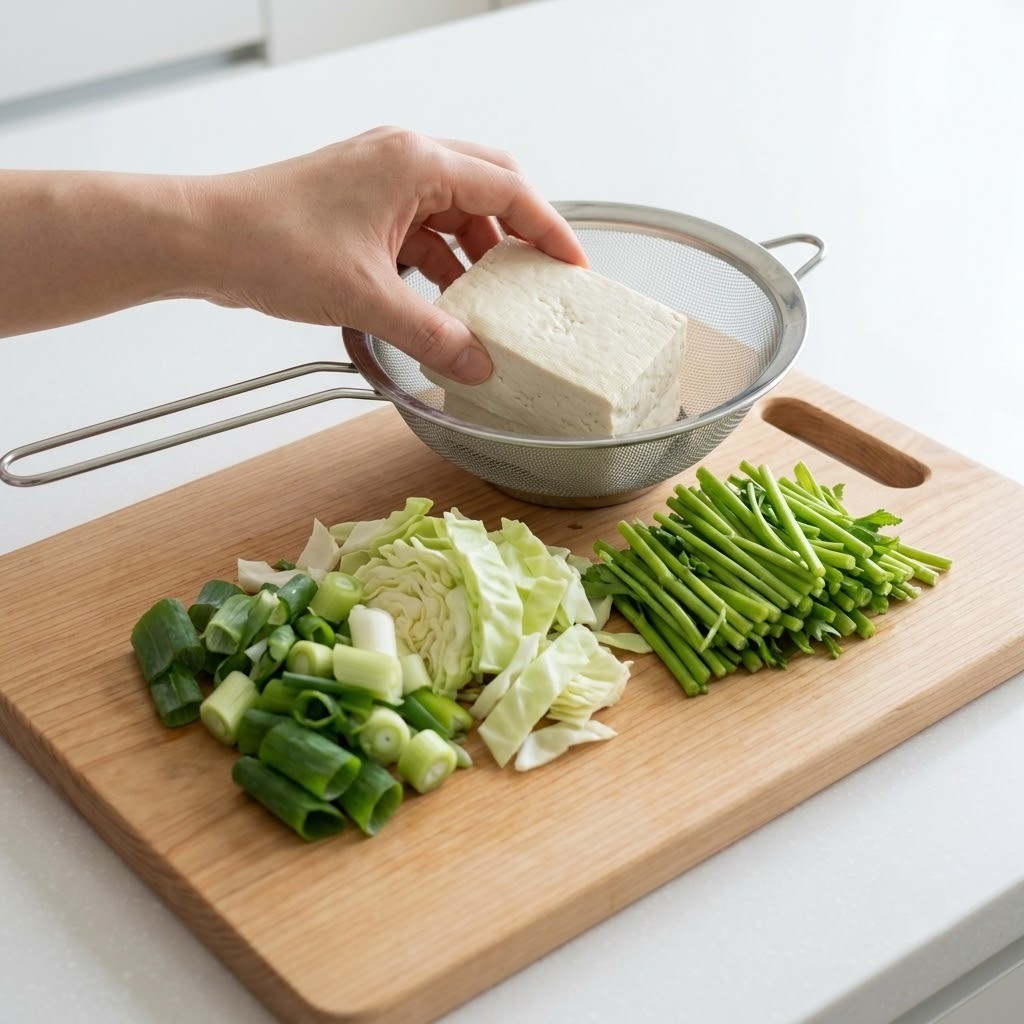 대파 양배추 썰고 두부 데치기, 미나리쌈장떡볶이 만들기 1단계