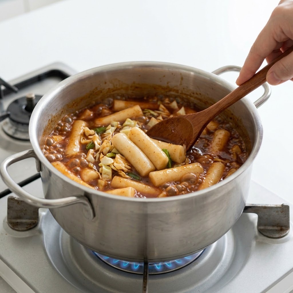 소스에 밀떡과 채소 넣고 끓이기, 미나리쌈장떡볶이 만들기 3단계
