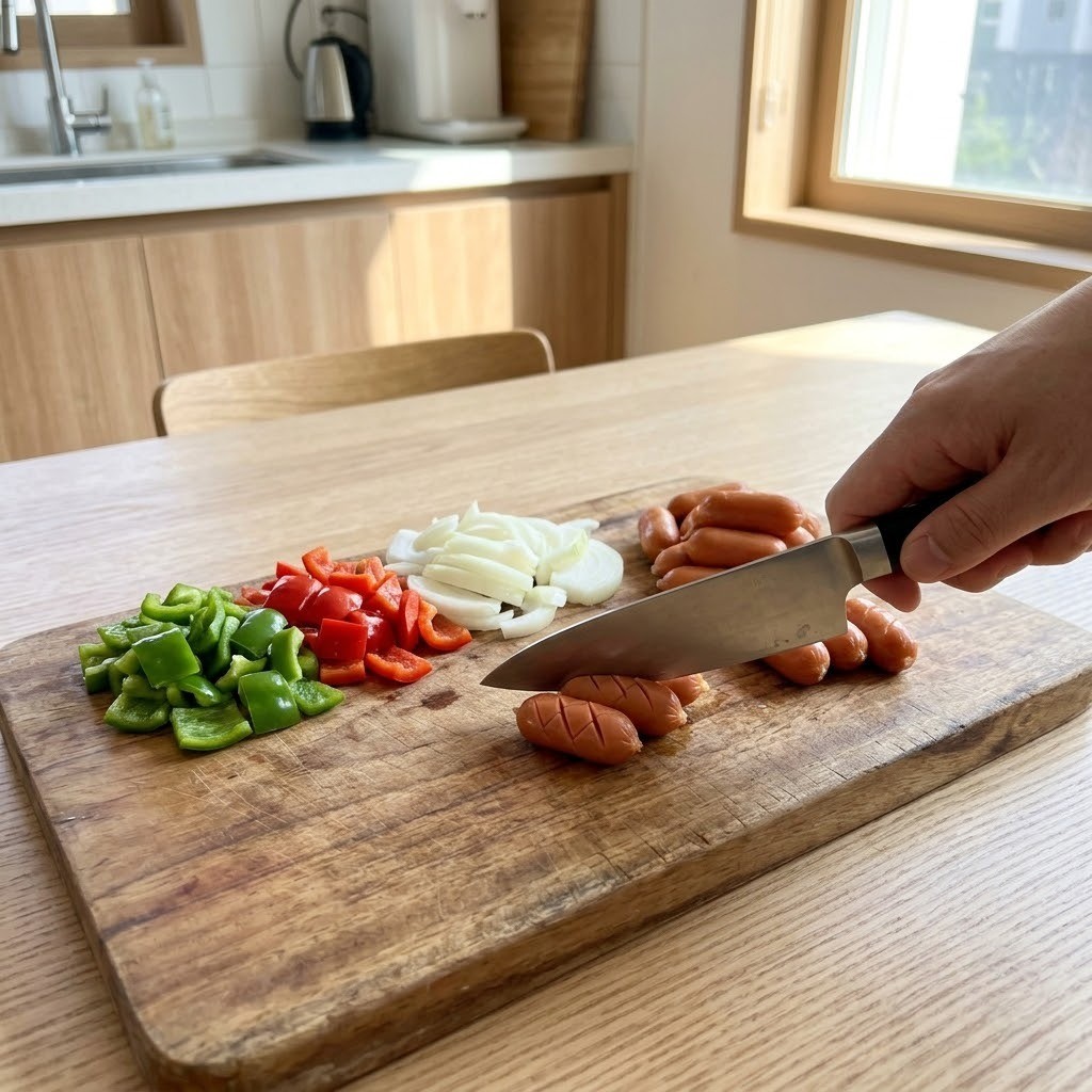 피망과 파프리카 썰기 및 소시지 칼집 내기, 쏘야볶음면 만들기 1단계