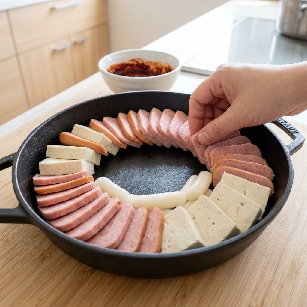 전골냄비에 재료 담기, 한우차돌 부대찌개 만들기 4단계