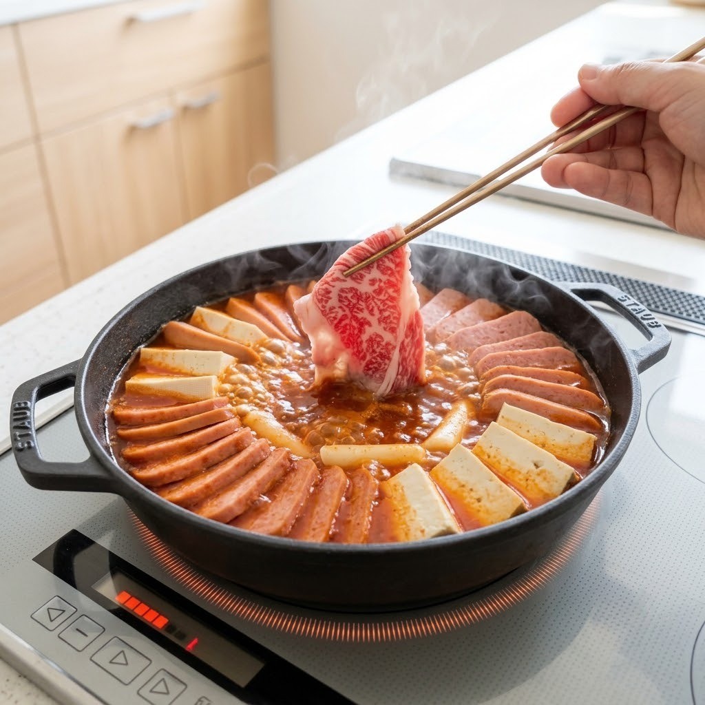 차돌박이 올리고 끓이기, 한우차돌 부대찌개 만들기 5단계