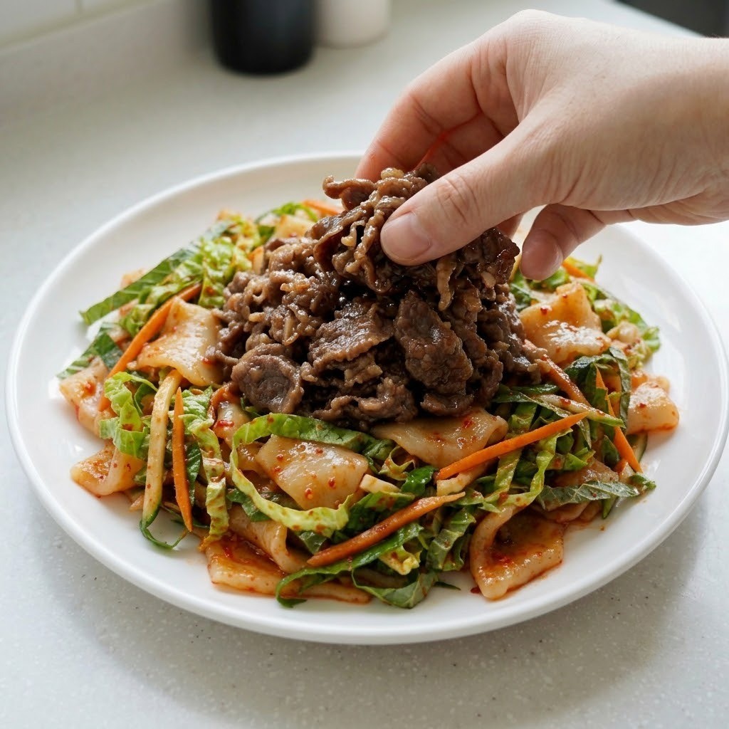 수제비 버무리고 그릇에 담기, 불고기비빔수제비 만들기 5단계