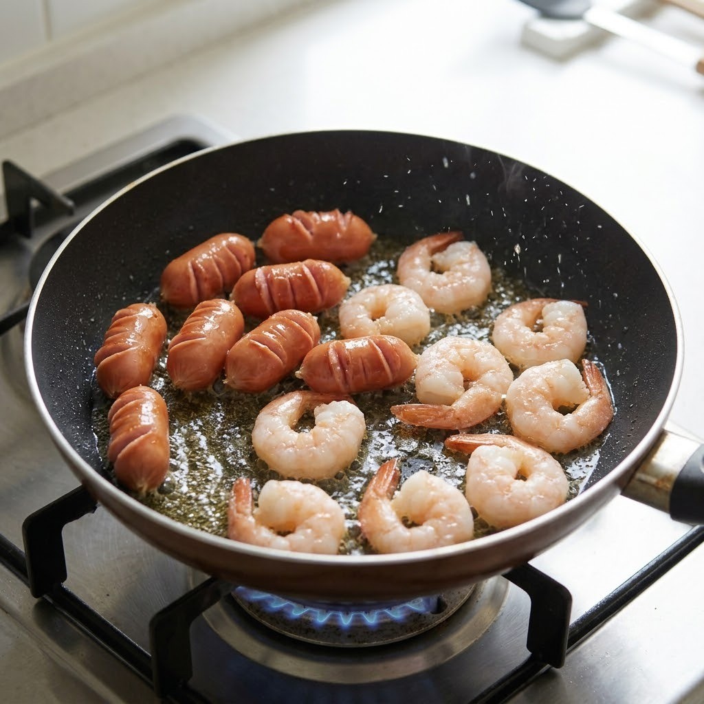 소시지와 새우 차례대로 볶기, 허니마요 떡볶이 만들기 2단계