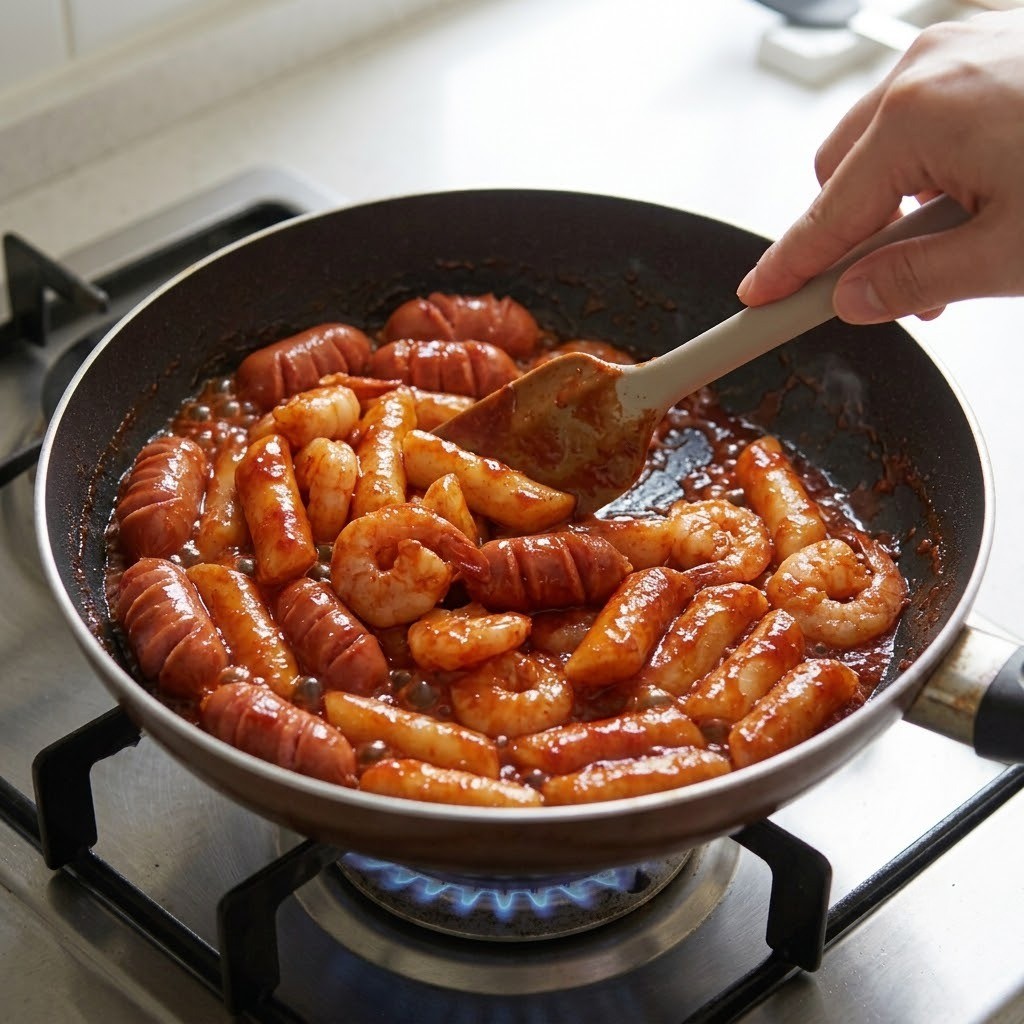 특제 소스 볶고 재료 버무리기, 허니마요 떡볶이 만들기 3단계
