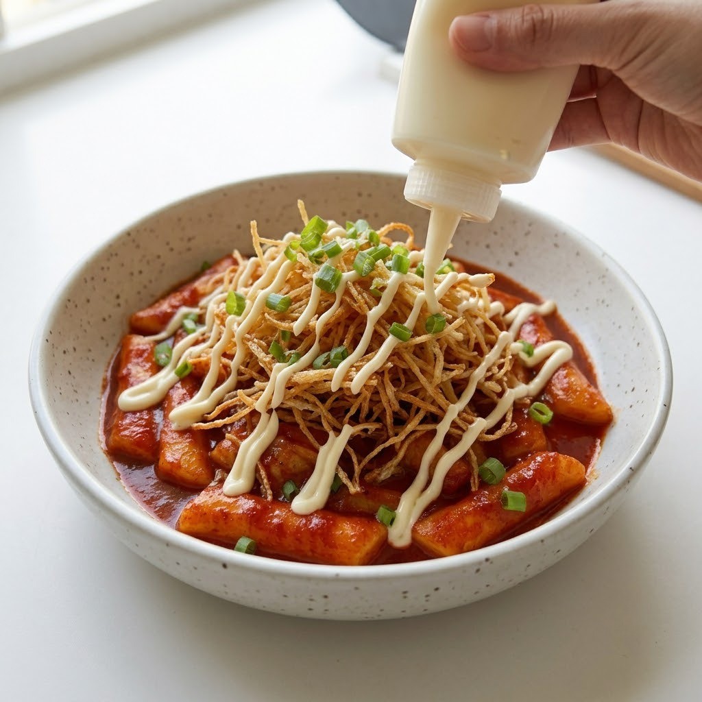 소스 뿌리고 대파 올려 완성하기, 허니마요 떡볶이 만들기 5단계
