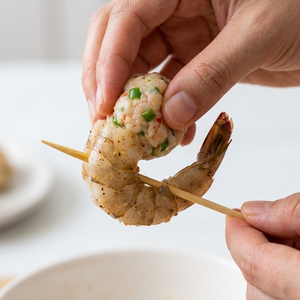 새우 반죽 채우고 꼬치 끼우기, 새우 품은 새우 만들기 4단계