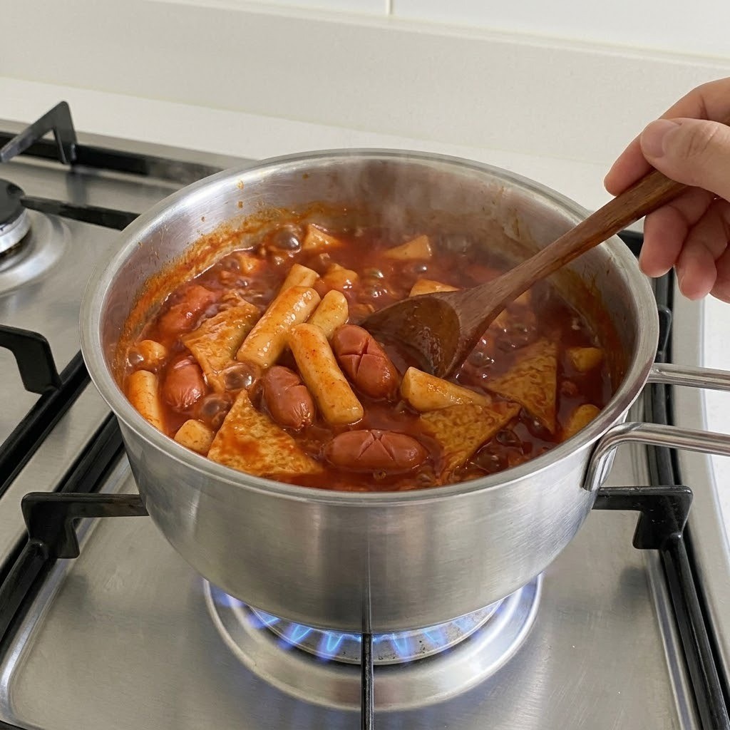 양념과 재료 넣고 끓이기, 동대문 엽기떡볶이 만들기 3단계