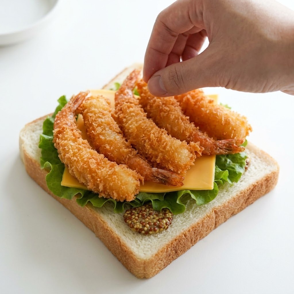 샌드위치 재료 차곡차곡 쌓기, 폭탄새우 샌드위치 조리 4단계