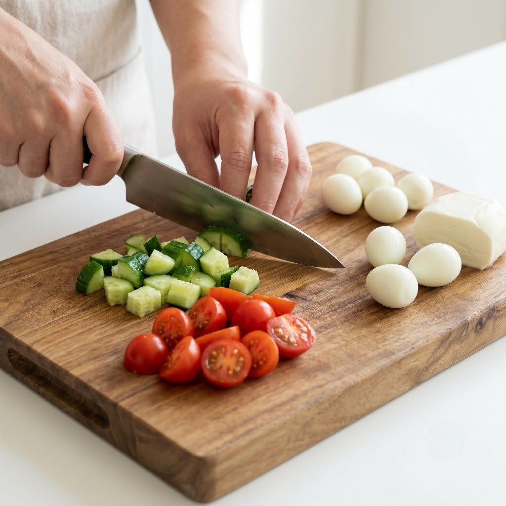 오이와 방울토마토 등 재료 손질하기, 컬러풀 샐러드 만들기 1단계
