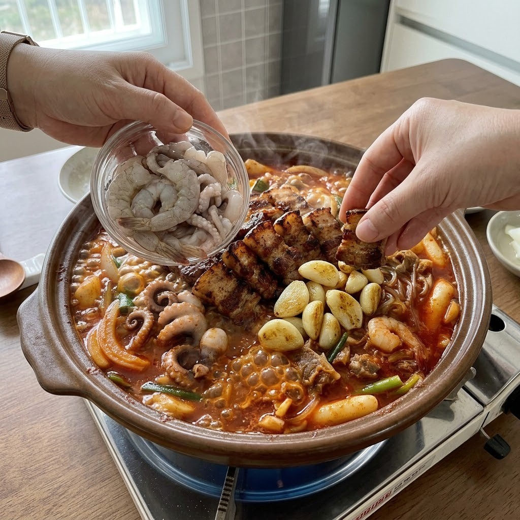 해산물과 양념 넣고 삼겹살 올리기, 낙곱새드~삼 4단계