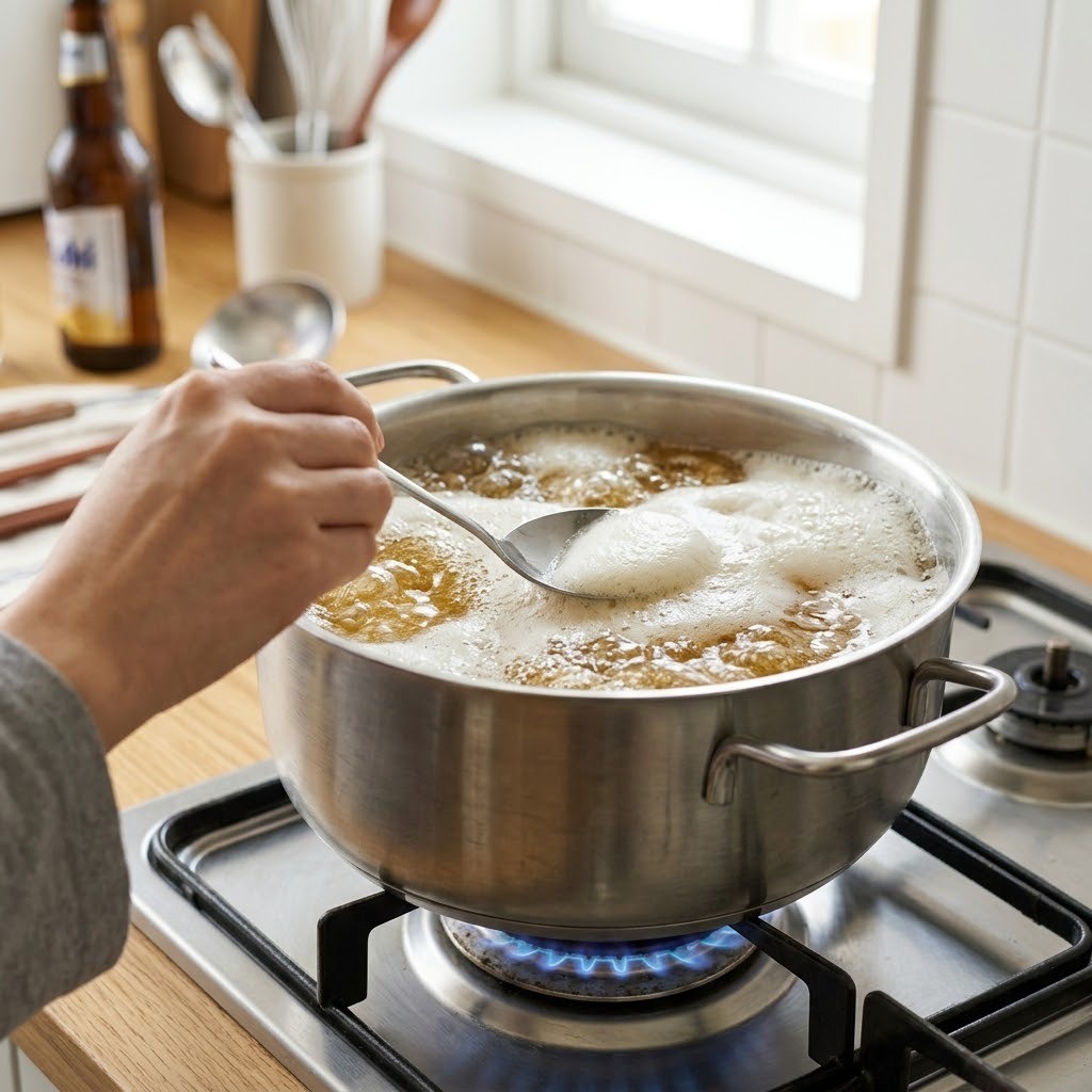 냄비에 맥주 끓이며 거품 걷어내기, 맥주 샤부샤부 만들기 1단계
