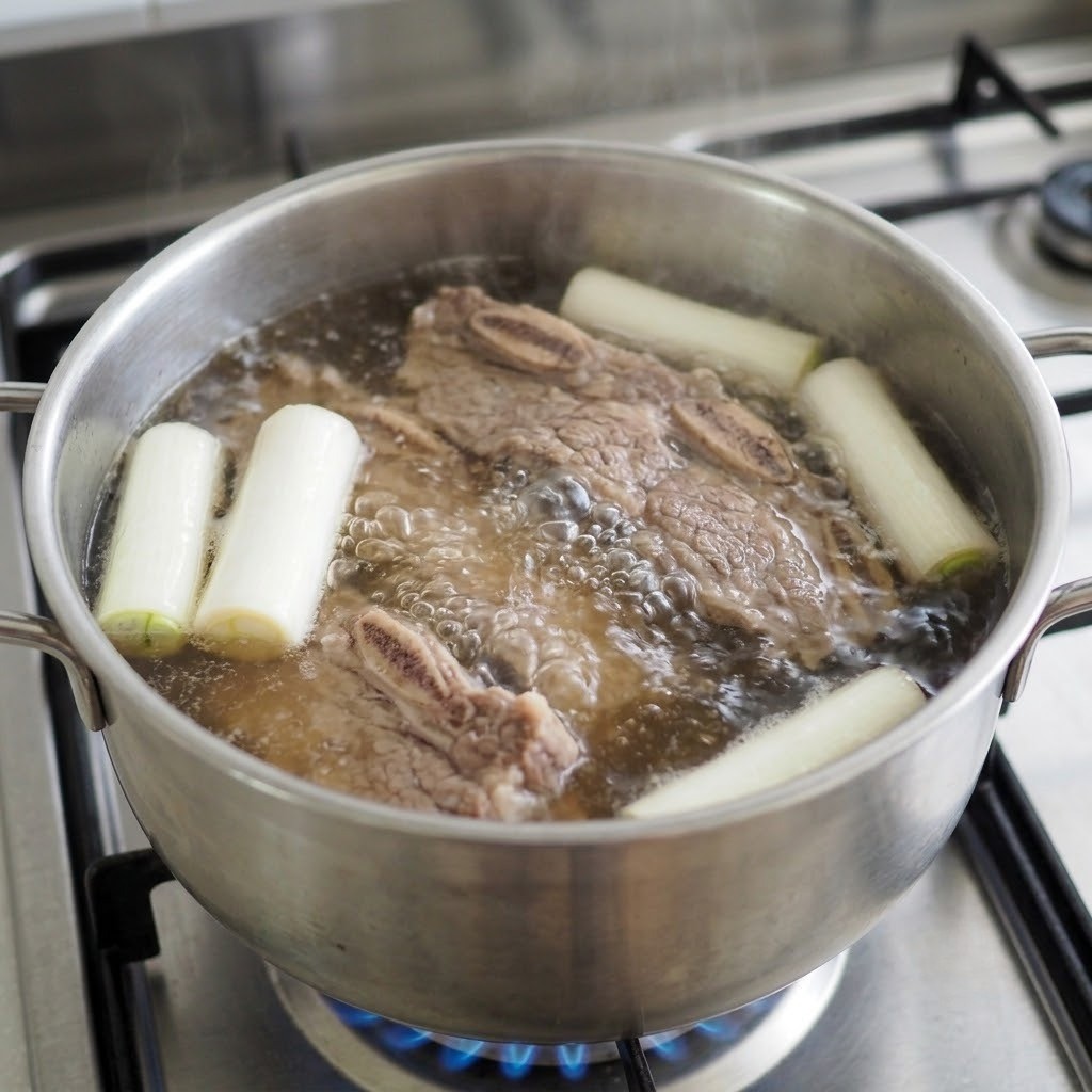 갈비와 대파 넣고 육수 끓이기, LA갈비탕 만들기 3단계