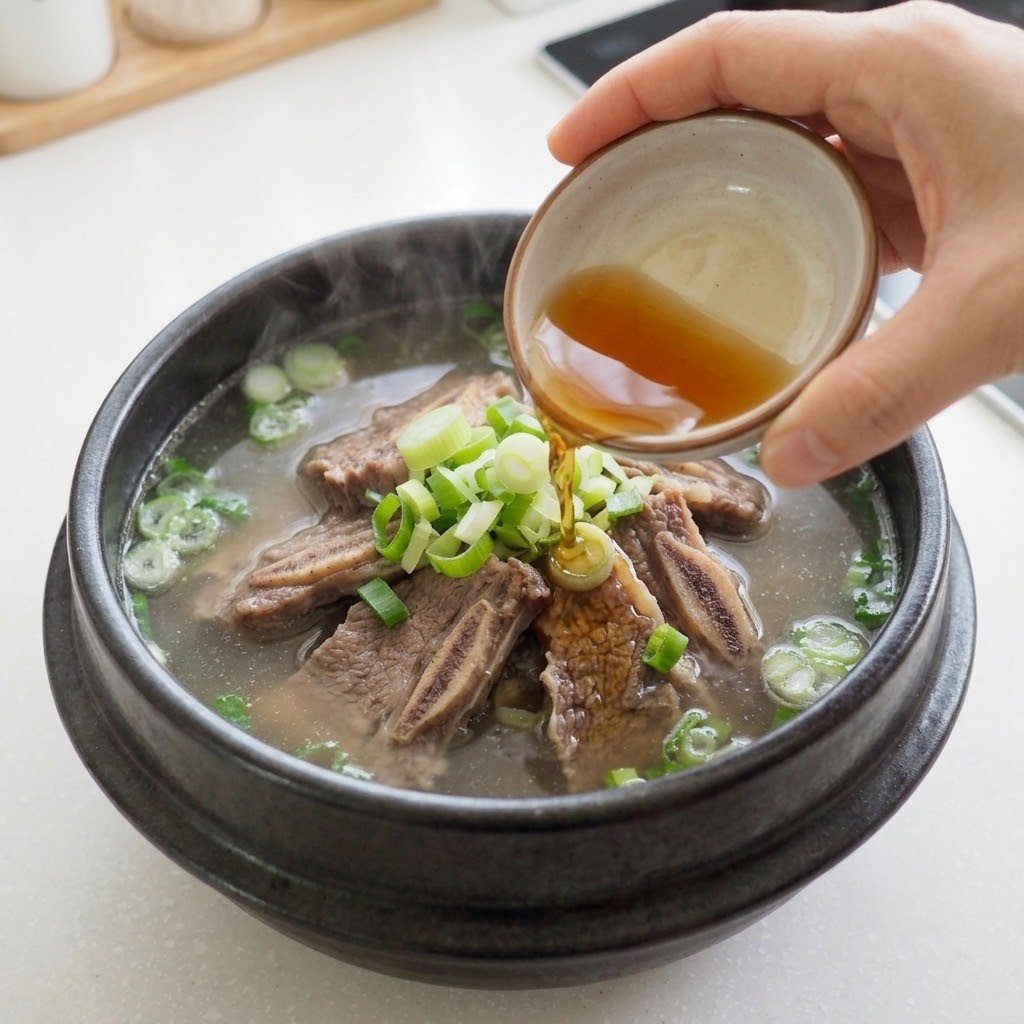 참치액 간 맞추고 그릇에 담기, LA갈비탕 만들기 4단계