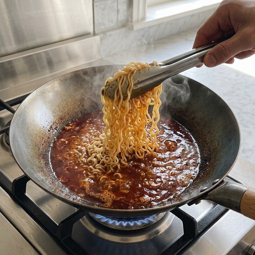 면 삶아 건져내기, 열깨라면 만들기 3단계