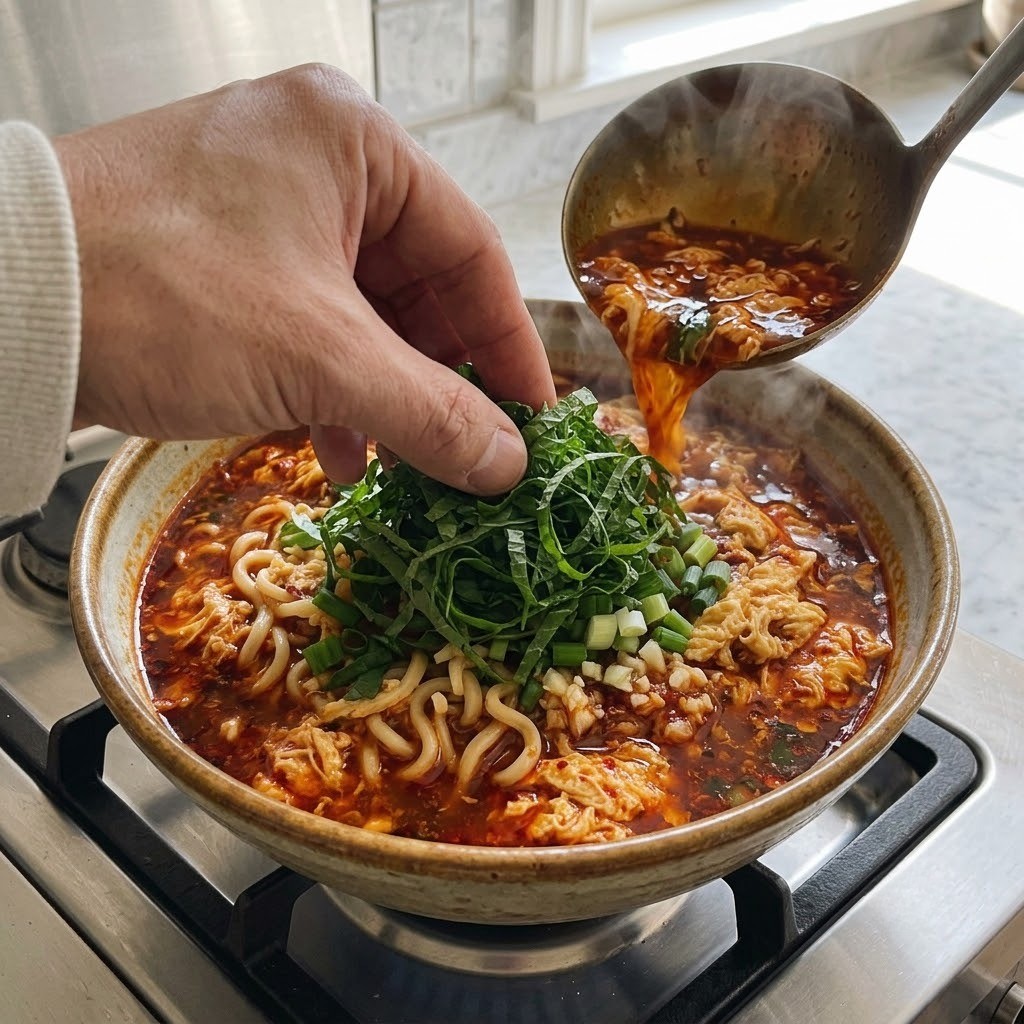 깻잎 올리고 국물 부어 완성, 열깨라면 만들기 5단계