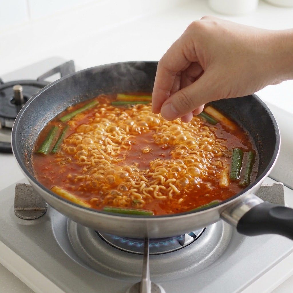 양념과 물 넣고 끓이기, 진라볶이 만들기 3단계