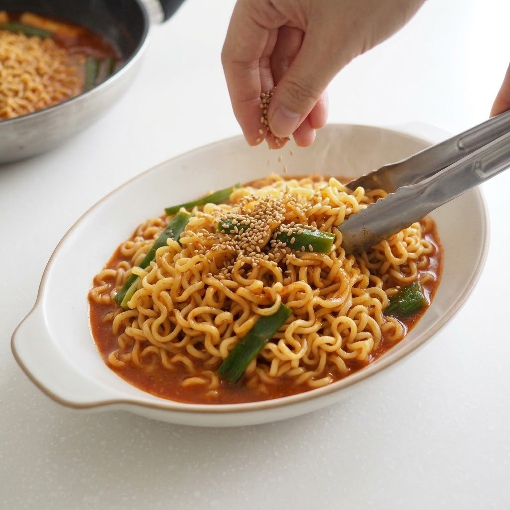 그릇에 담아 깨 뿌리기, 진라볶이 만들기 5단계