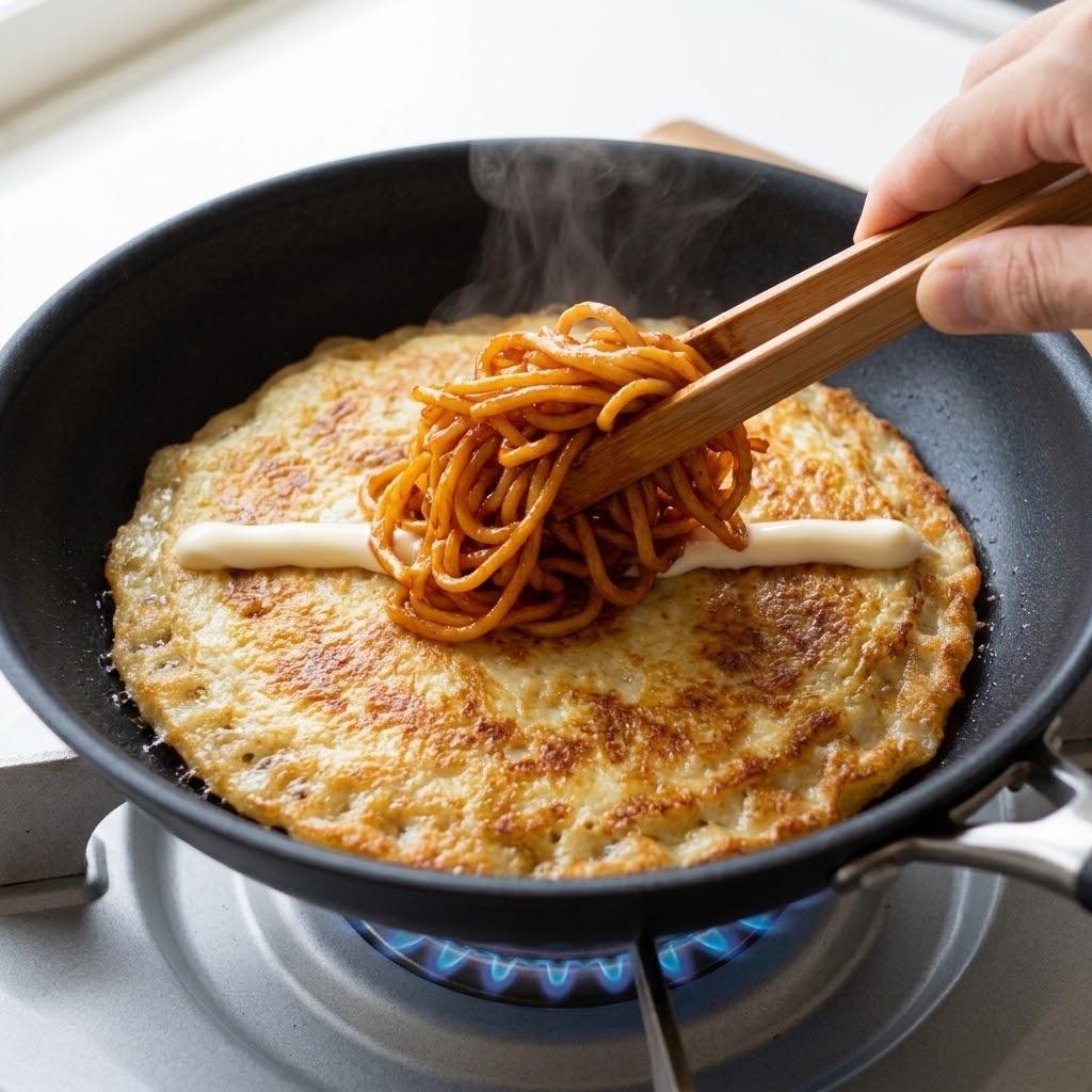 치즈전 위에 마요네즈와 조리된 볶음면 올리기, 편스토랑 불닭치즈전 3단계