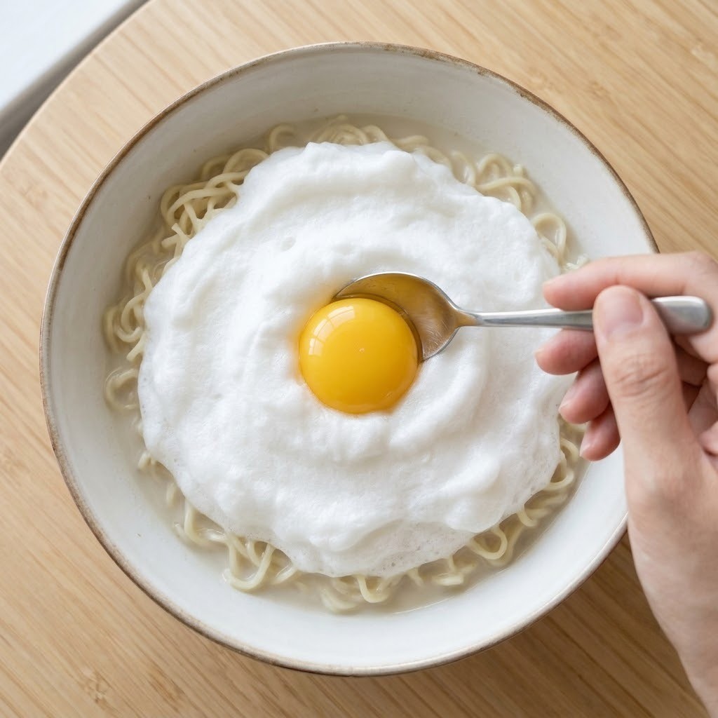 면에 몽글한 국물 붓고 노른자 올리기, 보름달면 만들기 4단계