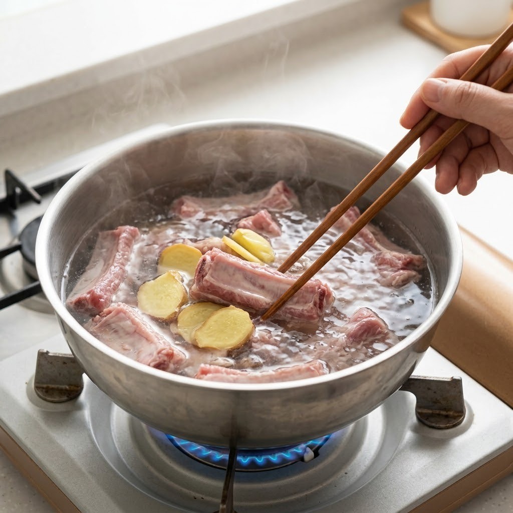 돼지갈비 핏물 빼기 및 초벌 데치기 과정