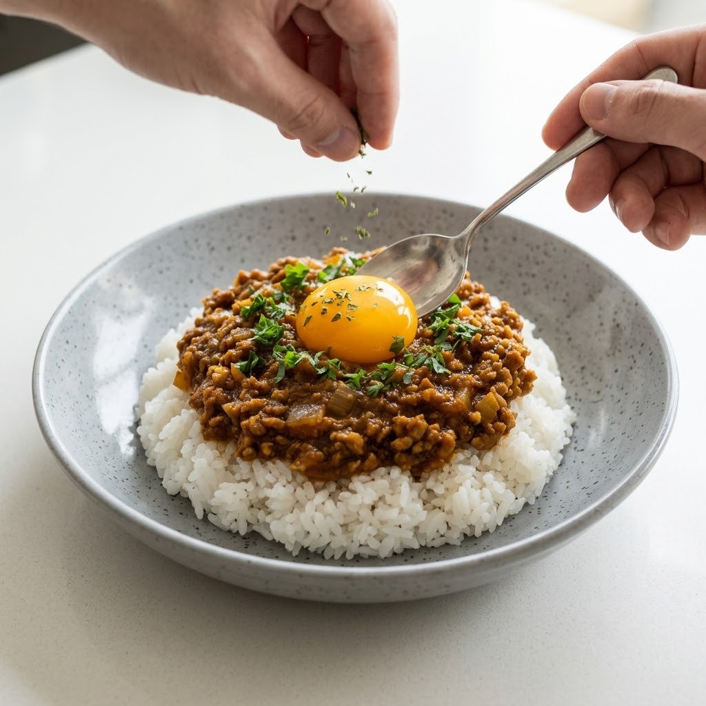 밥 위에 드라이 카레와 달걀노른자 올려 완성하기, 매운 드라이 카레 5단계