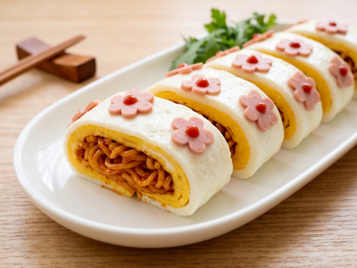 편스토랑 이석준 불꽃달걀말이 완성 요리, 매콤한 볶음면과 꽃 소시지 계란말이