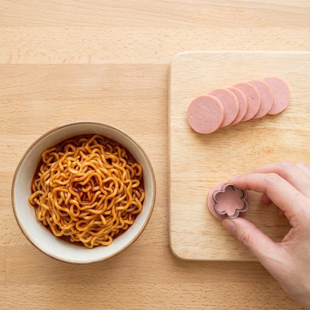 불닭볶음면 조리 및 분홍 소시지 꽃 모양 찍기, 불꽃달걀말이 만들기 2단계
