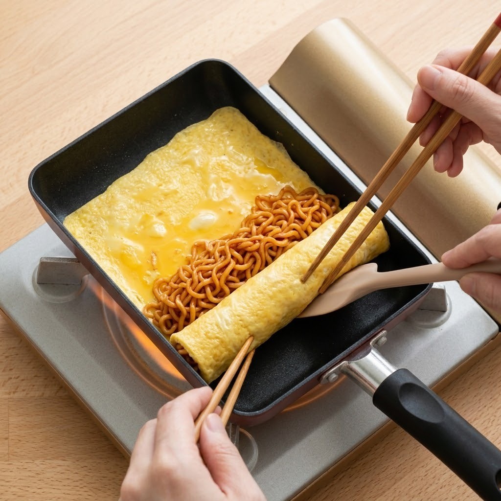 노란 달걀물에 불닭볶음면 넣고 말기, 불꽃달걀말이 만들기 3단계