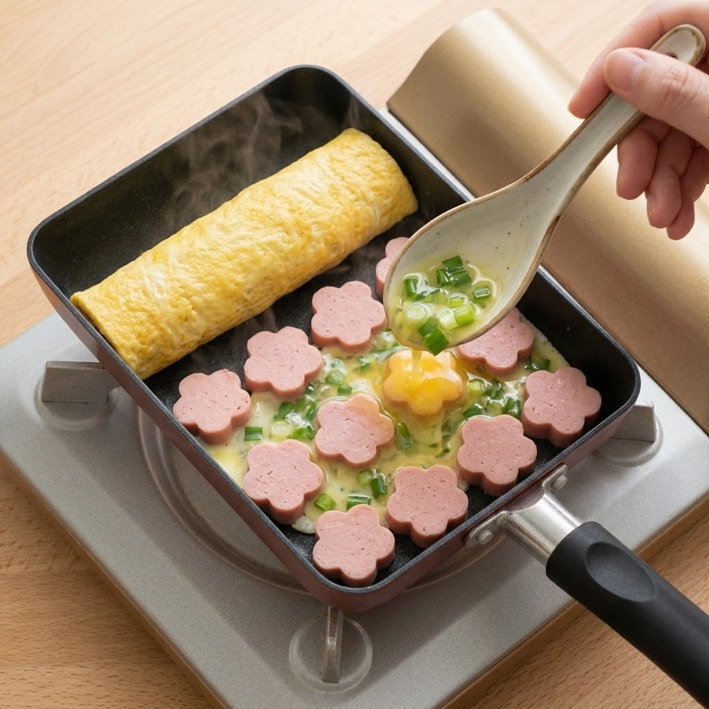 꽃 소시지 위에 흰 달걀물 붓고 감싸기, 불꽃달걀말이 만들기 4단계