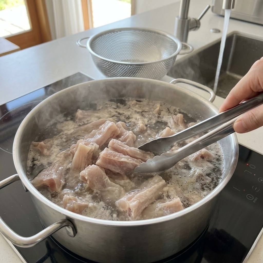 소 힘줄 핏물 빼기 및 끓는 물 데치기, 류수영 쫀득수육 1단계