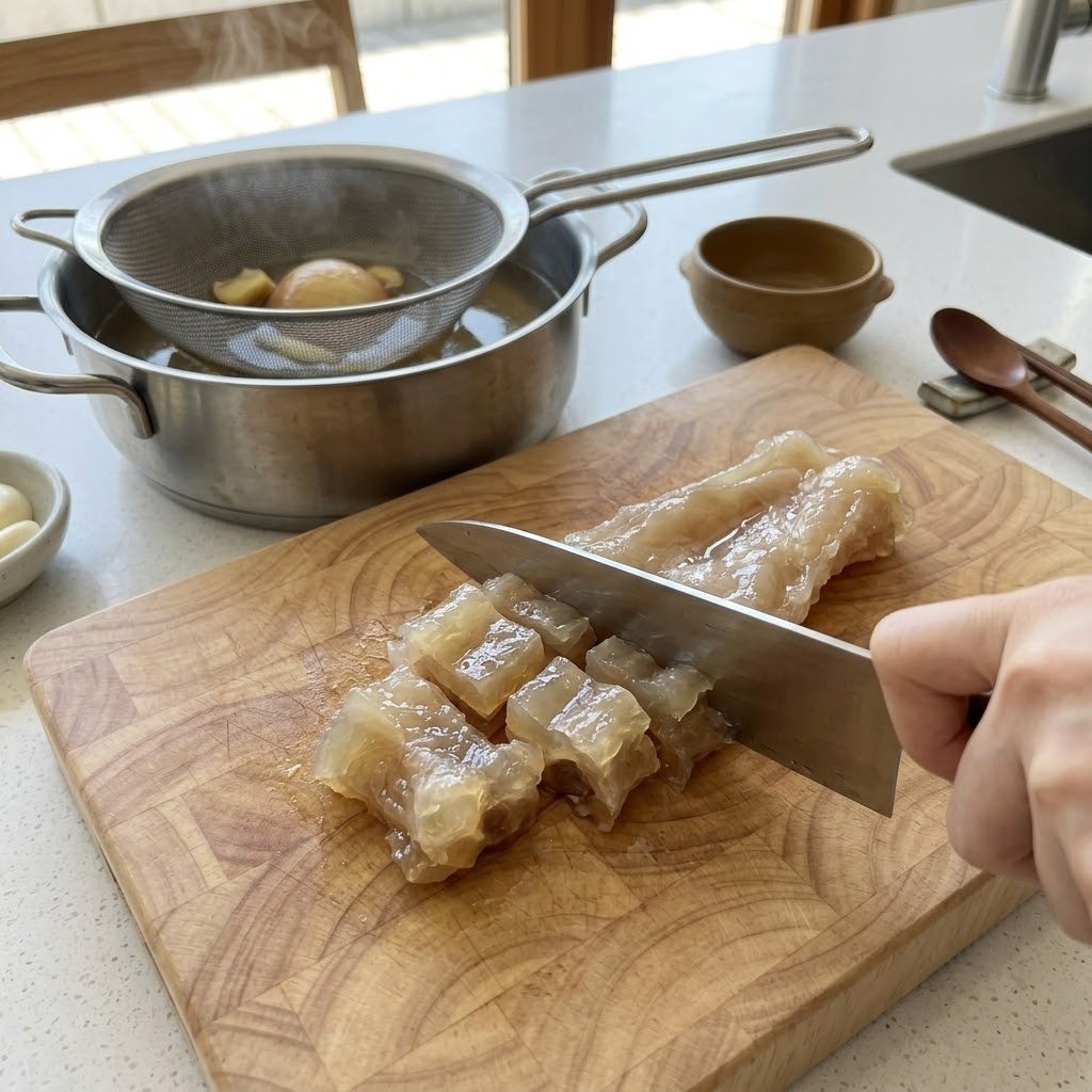 만능찜으로 푹 익힌 쫀득한 힘줄 먹기 좋게 썰기, 쫀득수육 3단계
