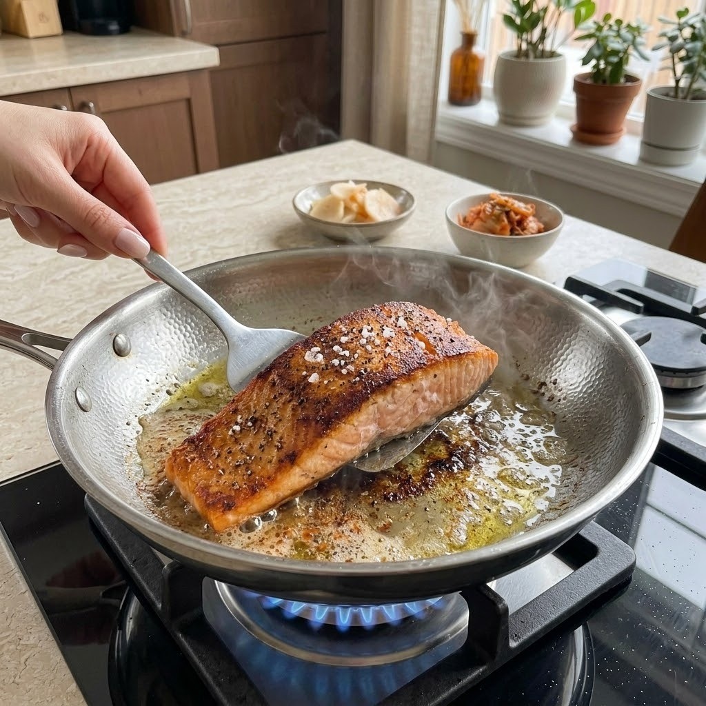 올리브유 팬에서 연어 스테이크 노릇하게 굽기, 편스토랑 유진 연어 스테이크 만들기 3단계