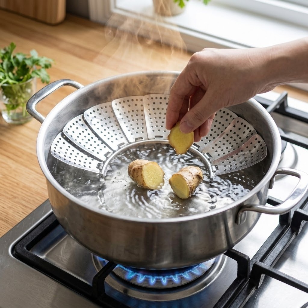 찜기 물 끓이고 생강 넣기, 꽃게 백숙 만들기 2단계
