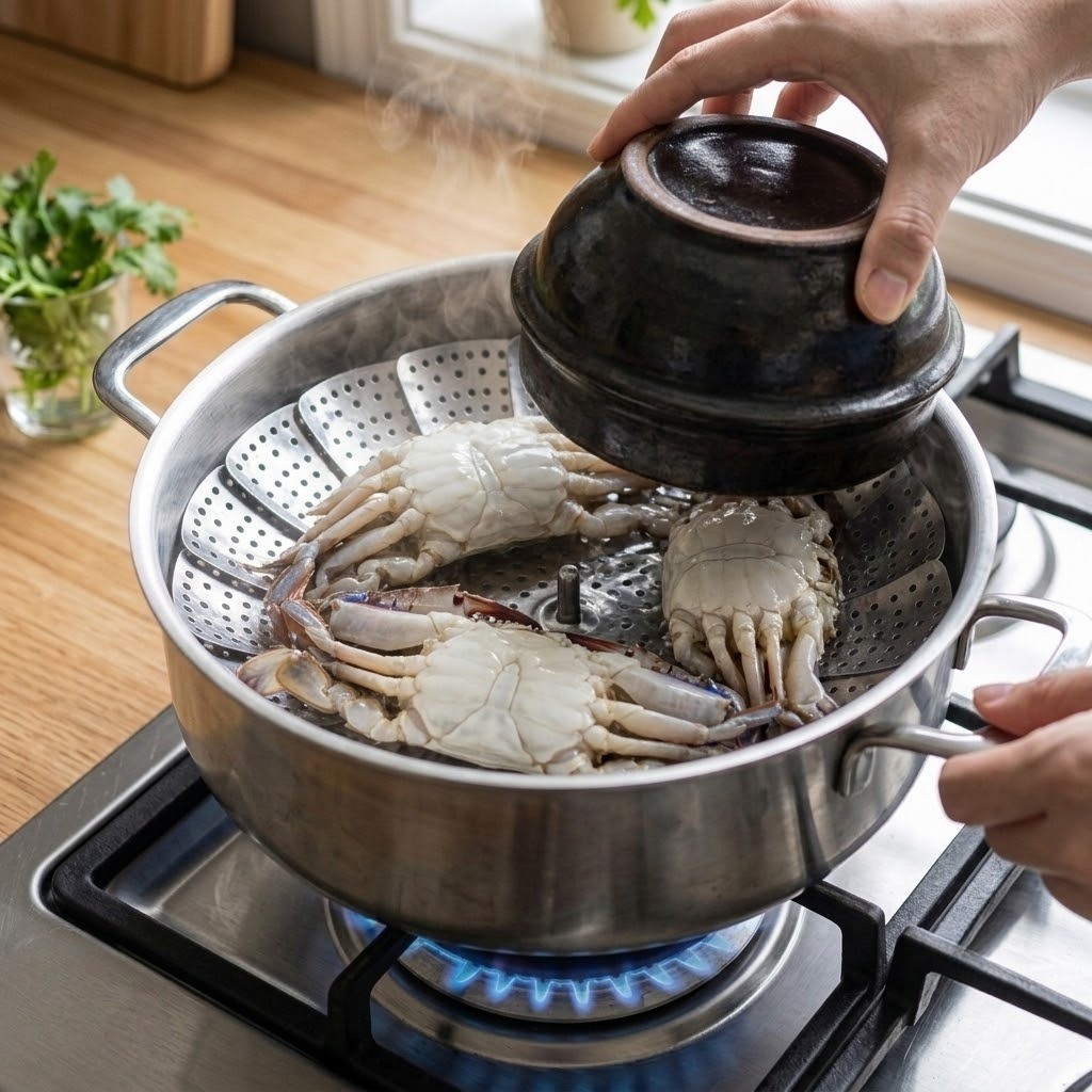 꽃게 배를 위로 올려 15분간 찌기, 꽃게 백숙 만들기 3단계