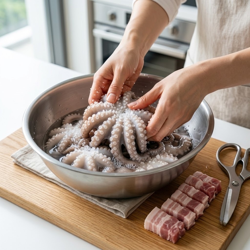 산낙지 내장 손질과 소금 세척, 불낙볶음 만들기 1단계