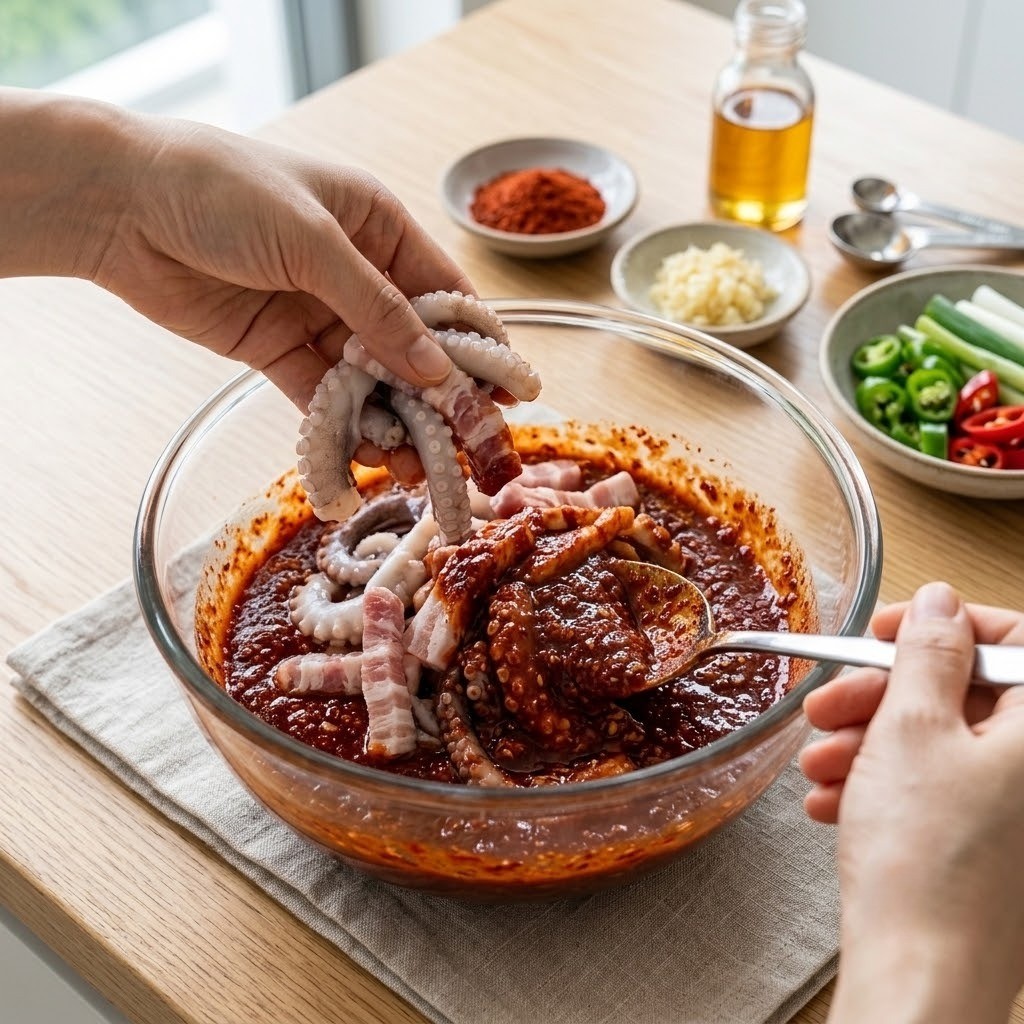 양념장 황금비율 배합과 낙지 돼지고기 버무리기 2단계