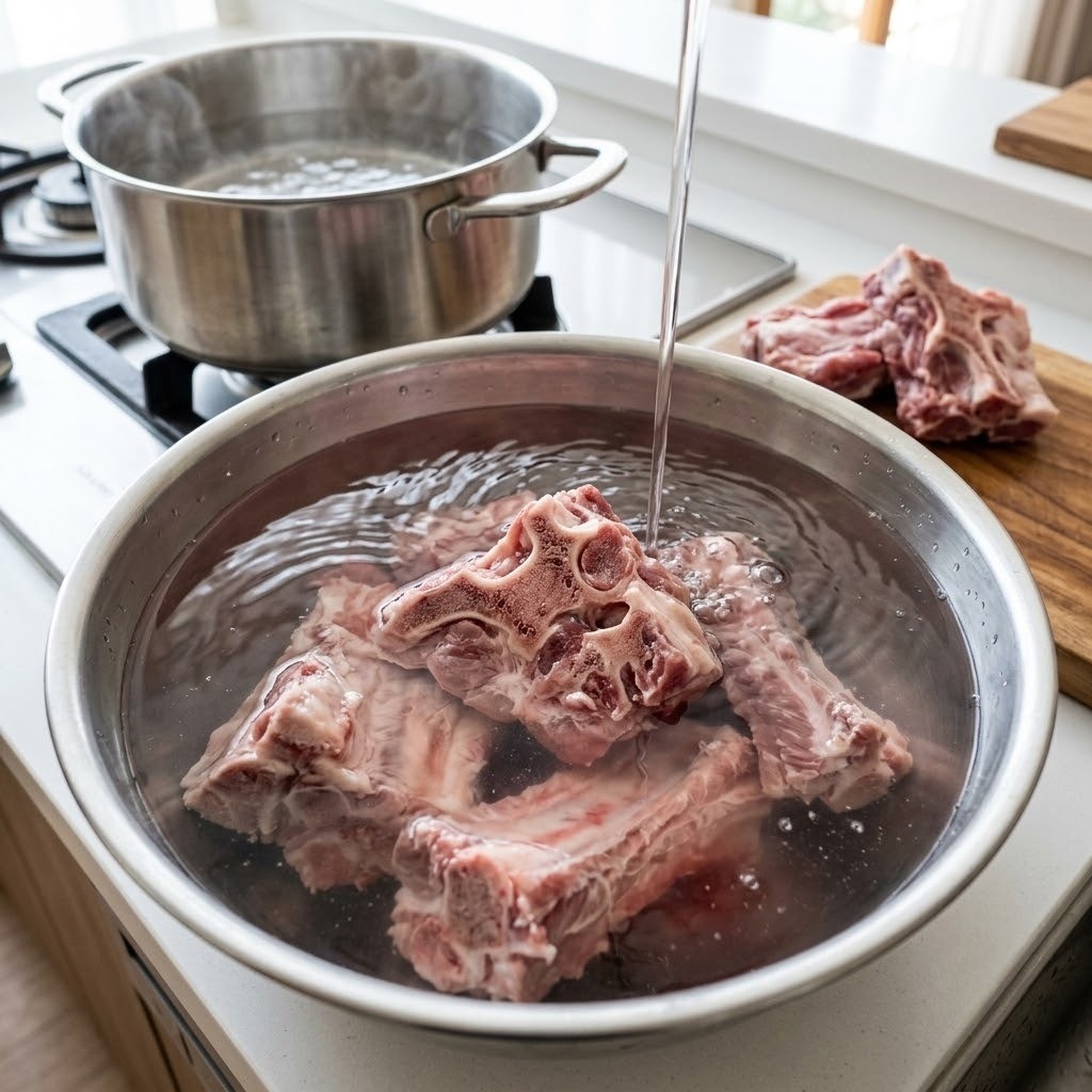 돼지 등뼈 핏물 빼기 및 끓는 물에 초벌 데치기, 비지 감자탕 1단계