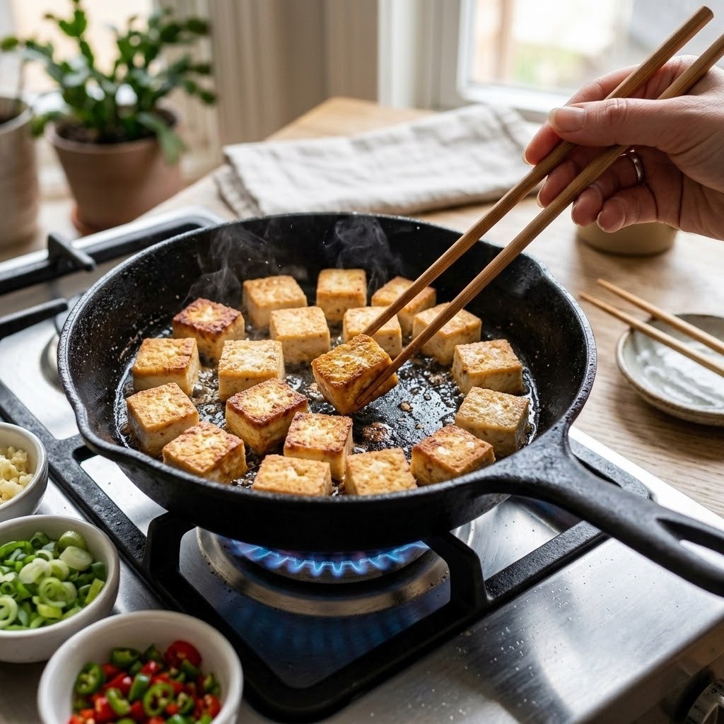 부침가루 입힌 두부 노릇하게 굽기, 두부 짜글이 라면 2단계