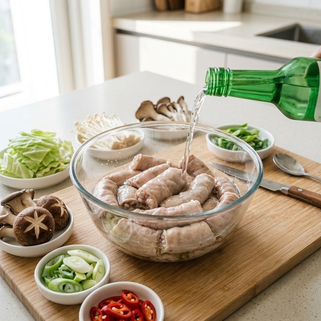 곱창 소주 밑간 및 채소 손질, 편스토랑 정상훈 곱창 전골 1단계