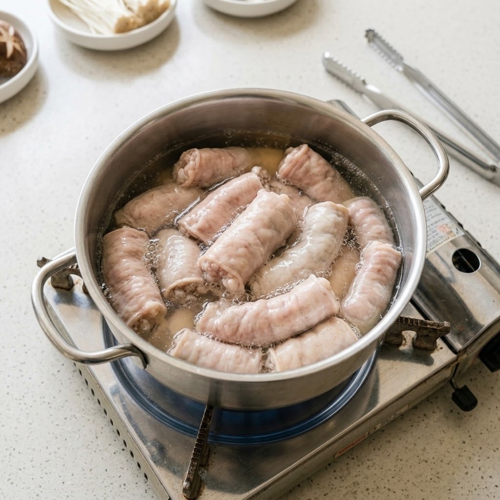 냄비에 물과 손질 곱창 넣고 약불에 끓이기, 곱창 전골 2단계