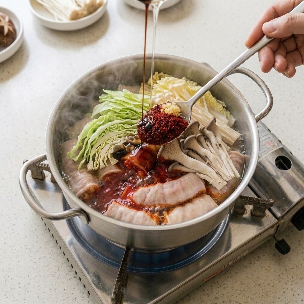 고춧가루 마늘 국간장 올리고당 양념 넣기, 곱창 전골 4단계
