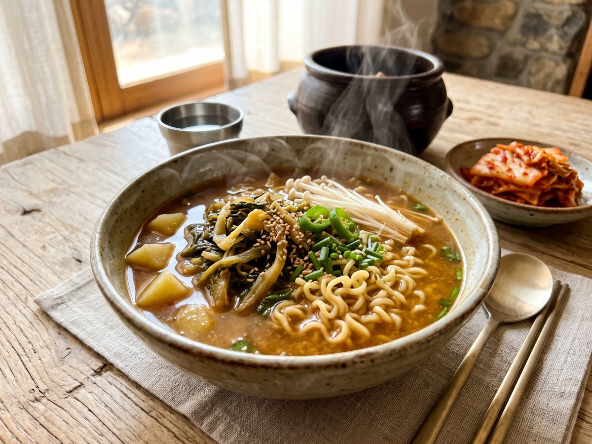 구수하고 진한 국물의 된장 라면 완성 요리, 편스토랑 거미 레시피